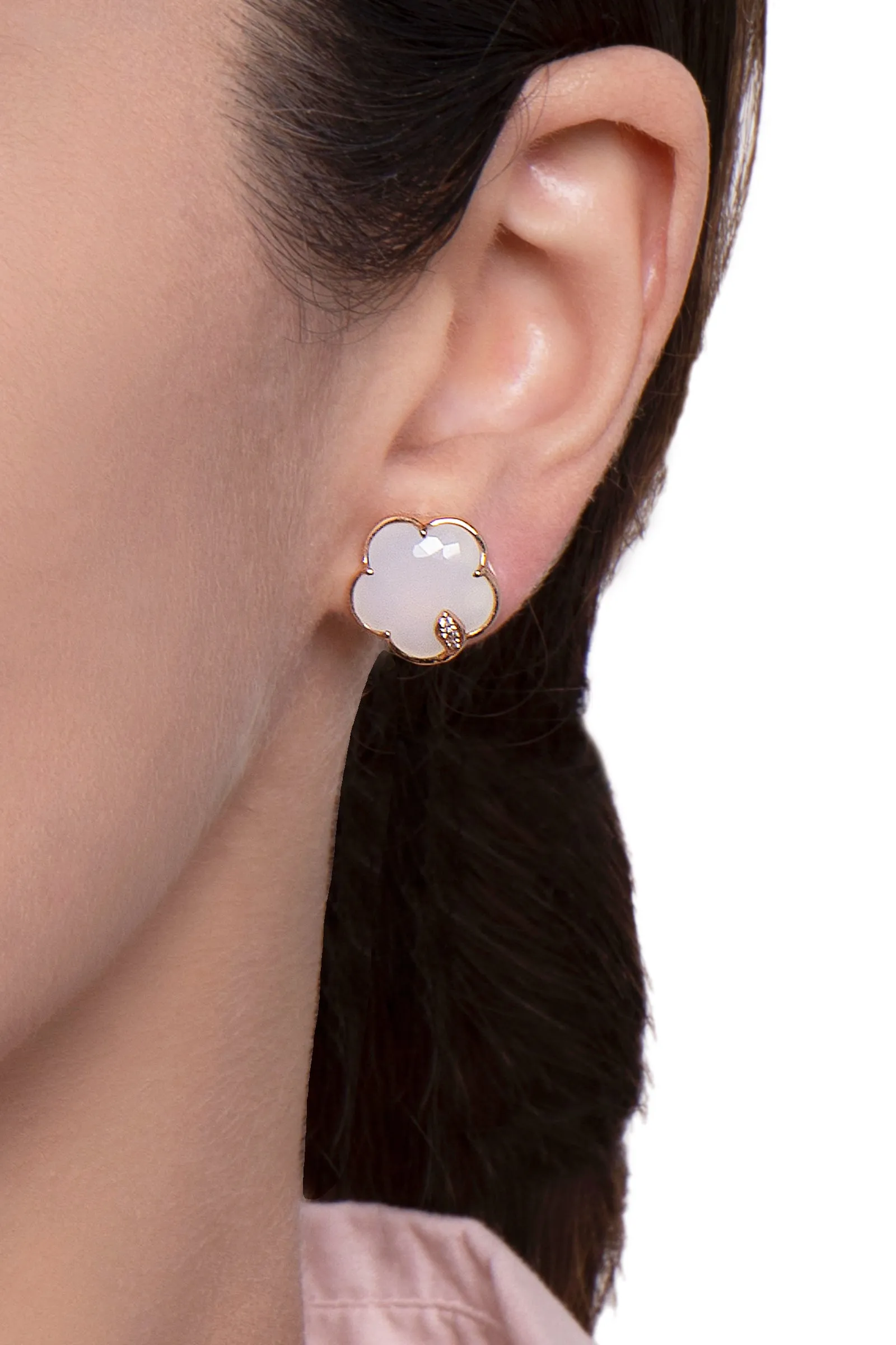 Petit Joli Earrings in 18k Rose Gold with White Agate, White, and Champagne Diamonds