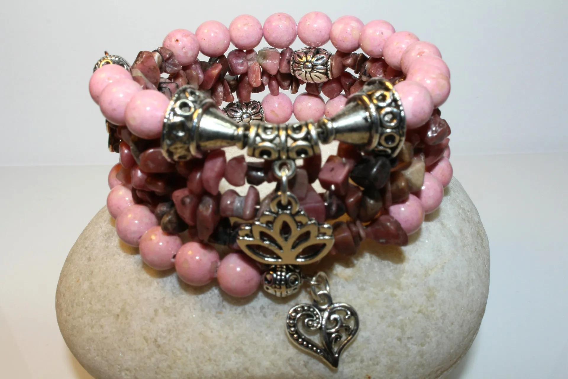 Pink Riverstone And Rhodonite Gemstone, Charms Cuff Wrap Bracelet And Earrings Set.