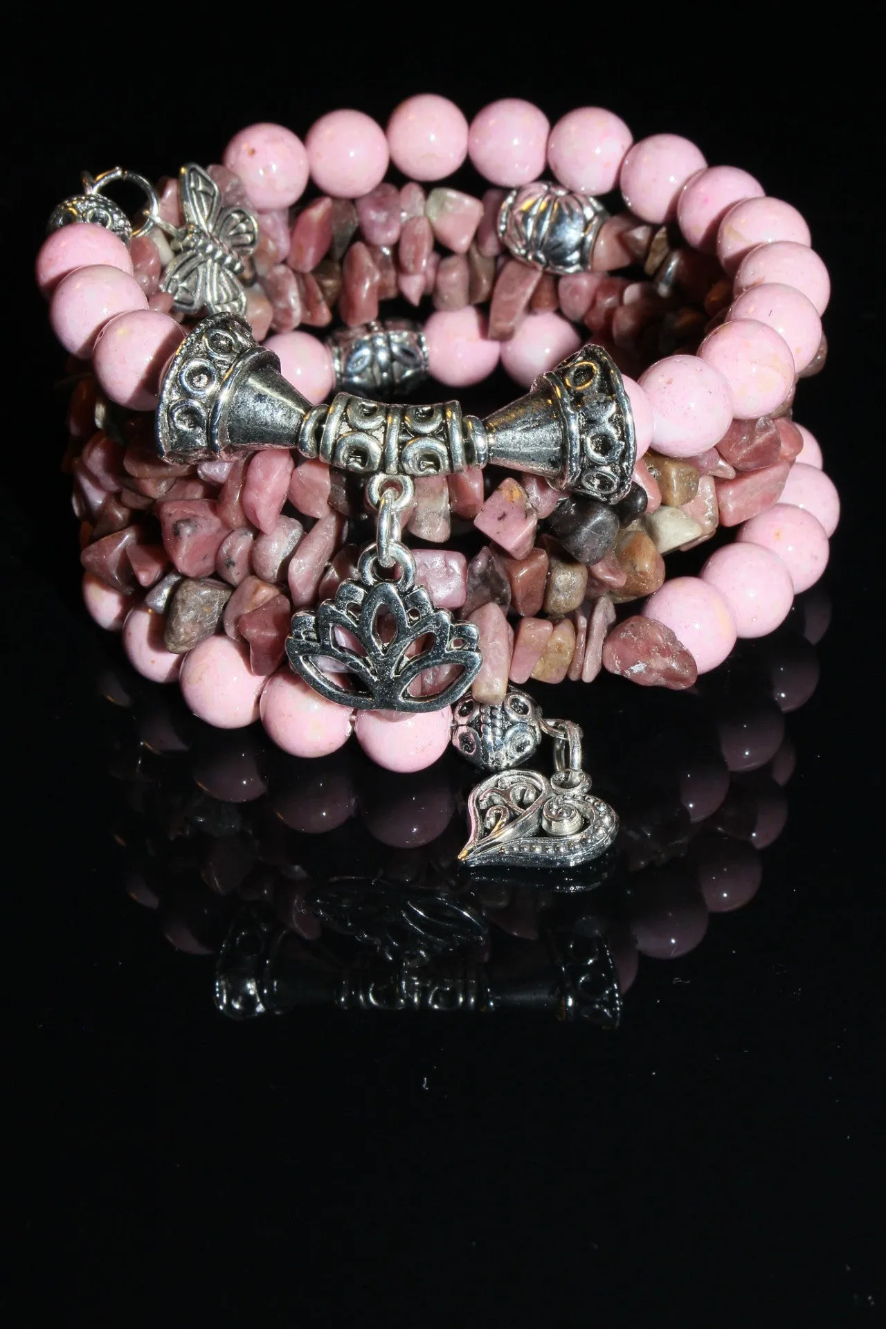 Pink Riverstone And Rhodonite Gemstone, Charms Cuff Wrap Bracelet And Earrings Set.