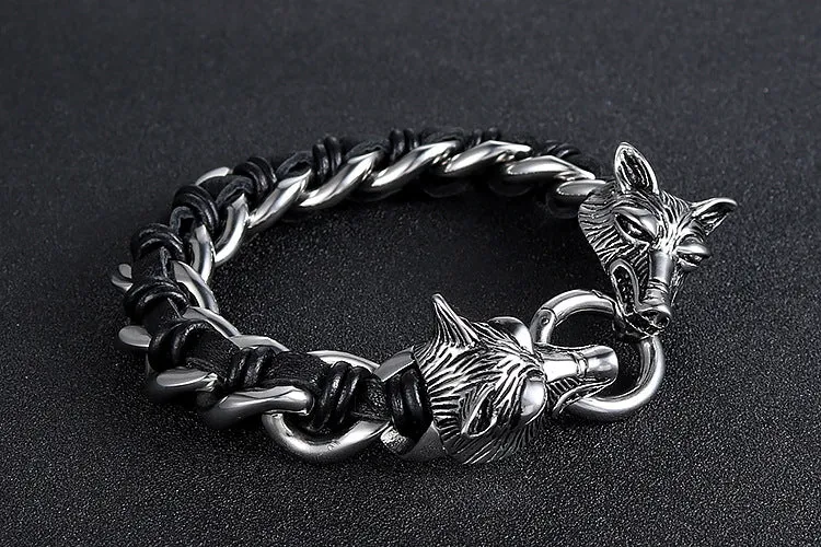 Planderful Everyday Genie Double Wolf Head Men's Bracelet in Titanium Steel