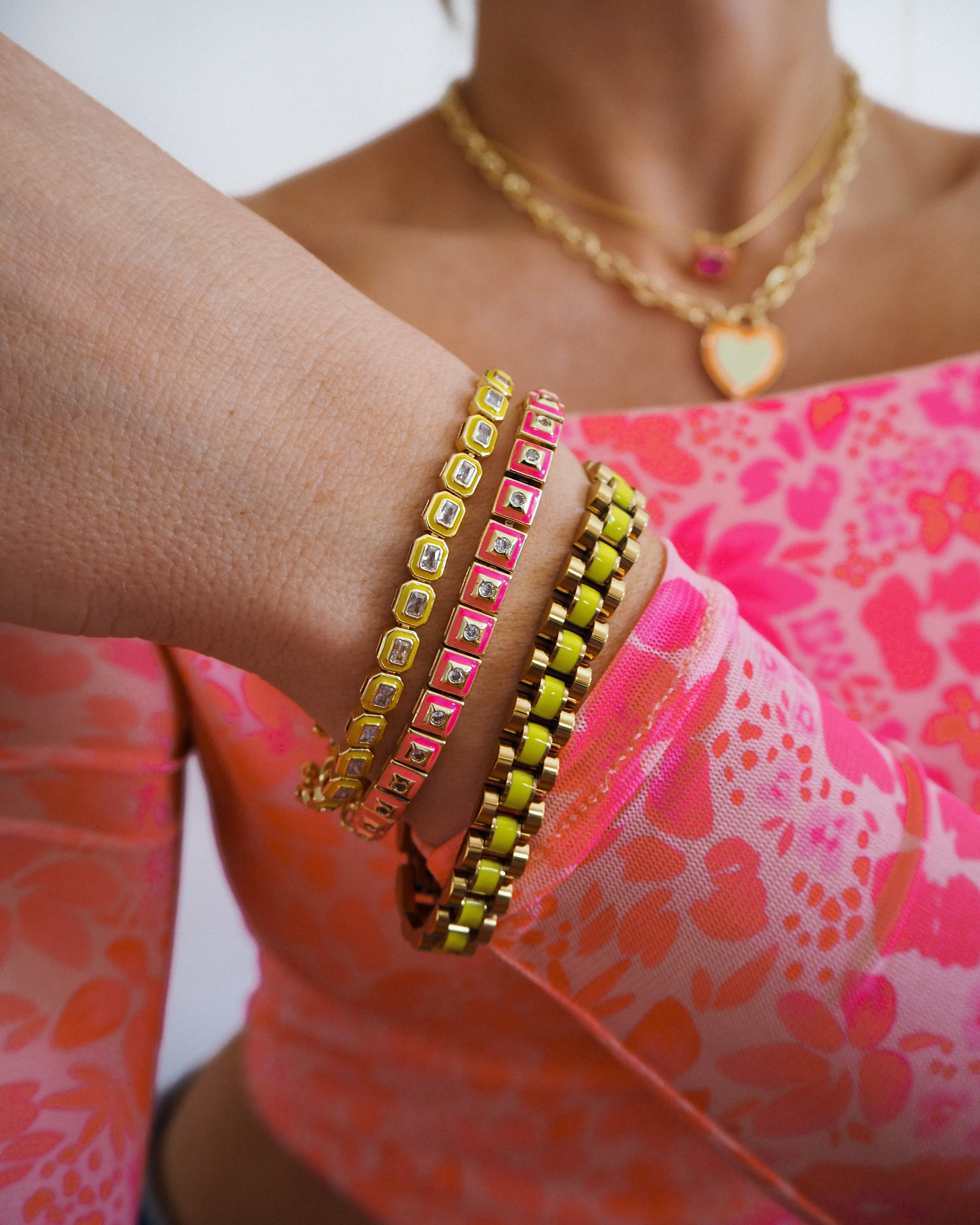 Pyramid Stud Tennis Bracelet- Hot Pink- Gold