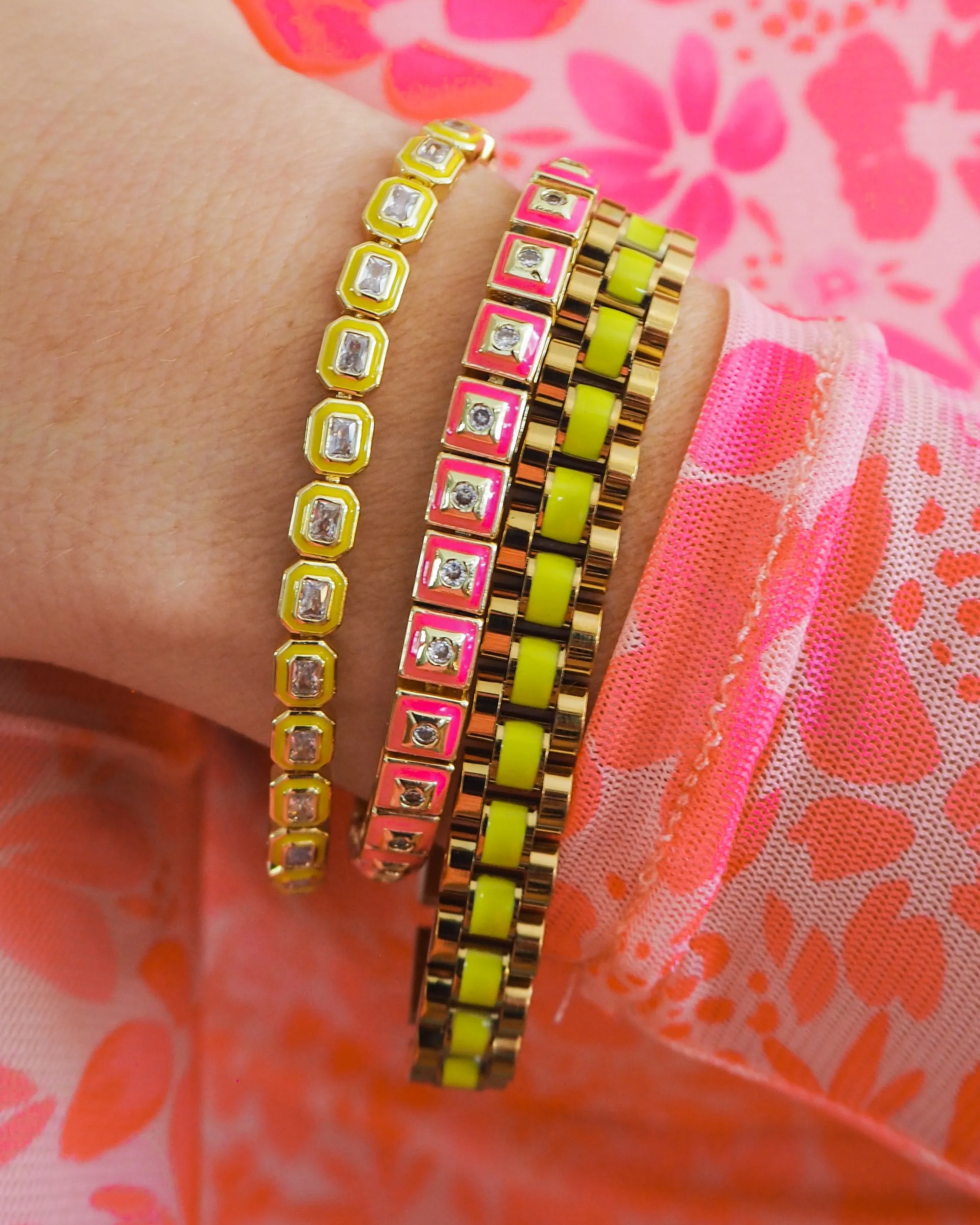 Pyramid Stud Tennis Bracelet- Hot Pink- Gold