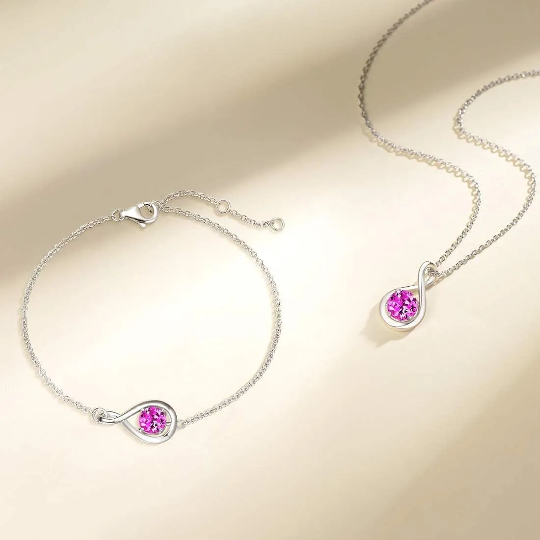 "Infinite Embrace" October Birthstone Pink Tourmaline Stone Infinity Symbol Sterling Silver Bracelet