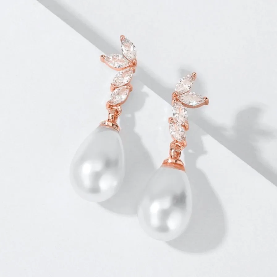 "Renata" - Pearl and Cubic Zirconia Bridal Earrings - Available in Silver, Rose Gold and Yellow Gold