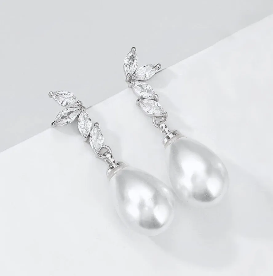 "Renata" - Pearl and Cubic Zirconia Bridal Earrings - Available in Silver, Rose Gold and Yellow Gold