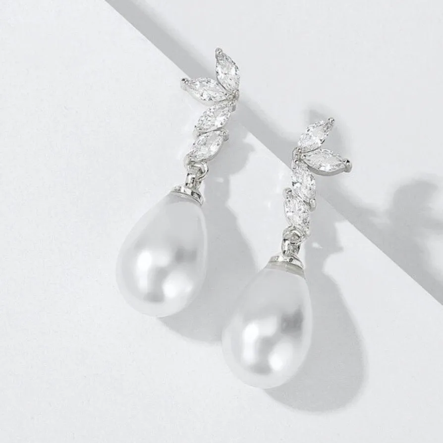 "Renata" - Pearl and Cubic Zirconia Bridal Earrings - Available in Silver, Rose Gold and Yellow Gold