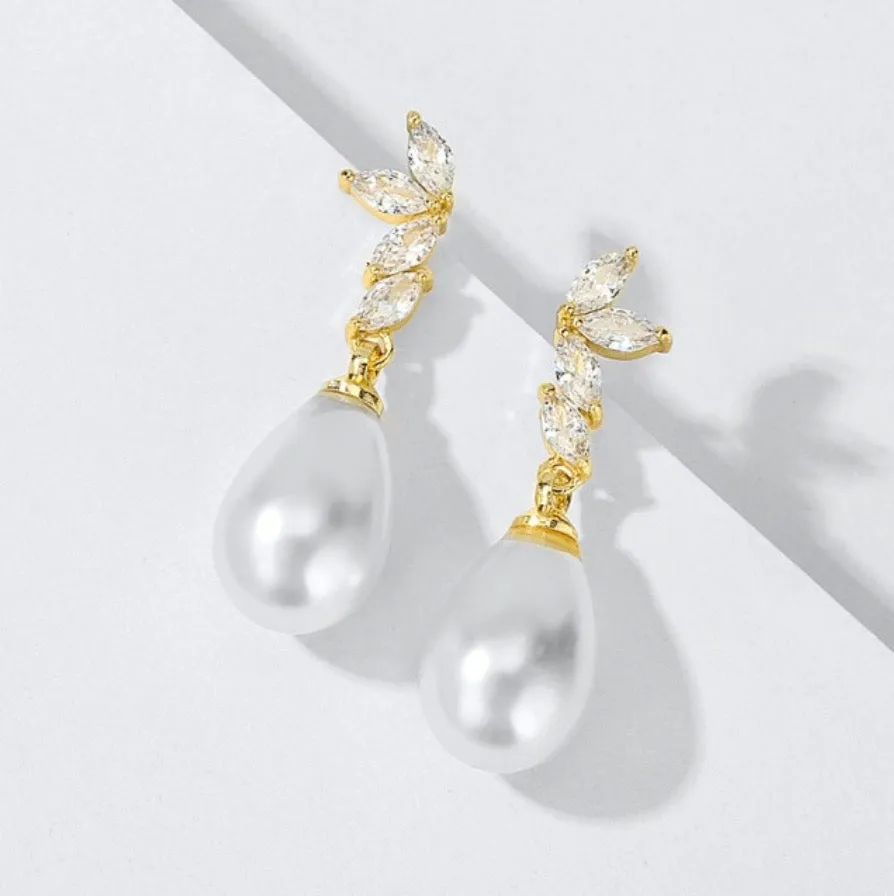 "Renata" - Pearl and Cubic Zirconia Bridal Earrings - Available in Silver, Rose Gold and Yellow Gold