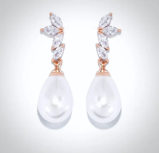 "Renata" - Pearl and Cubic Zirconia Bridal Earrings - Available in Silver, Rose Gold and Yellow Gold