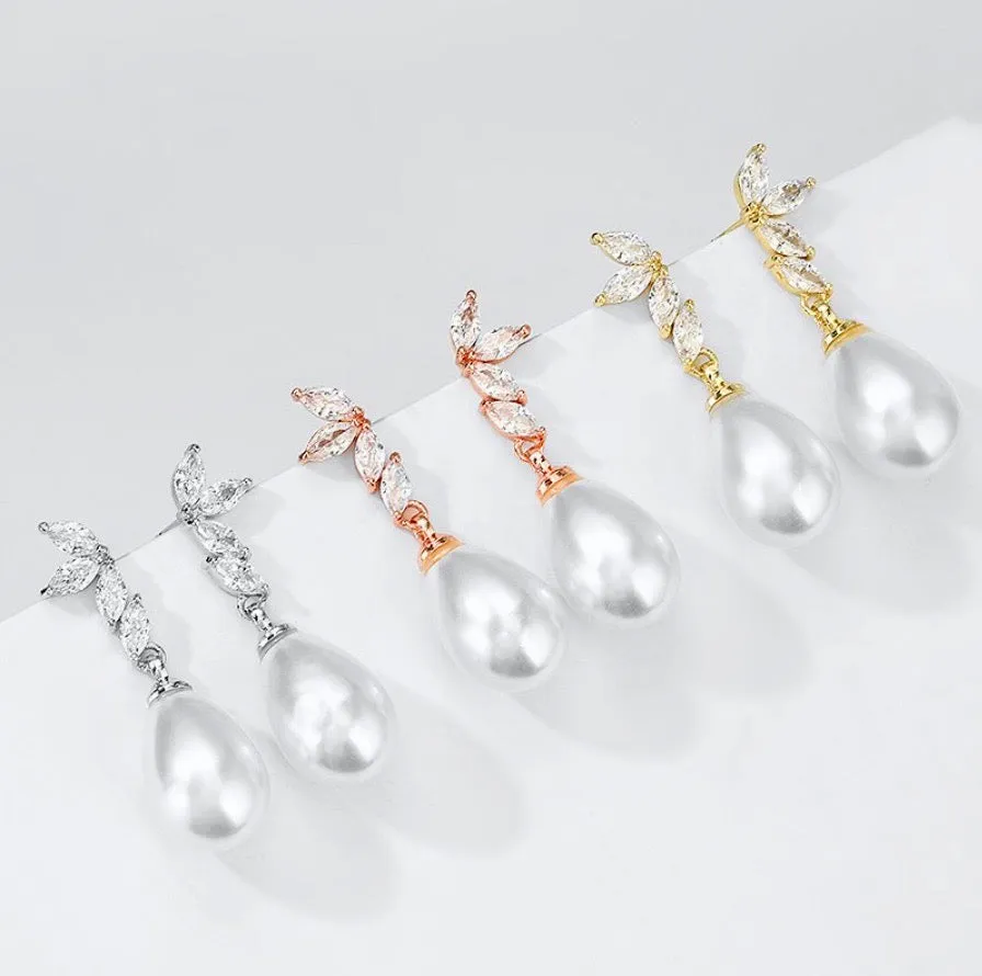 "Renata" - Pearl and Cubic Zirconia Bridal Earrings - Available in Silver, Rose Gold and Yellow Gold