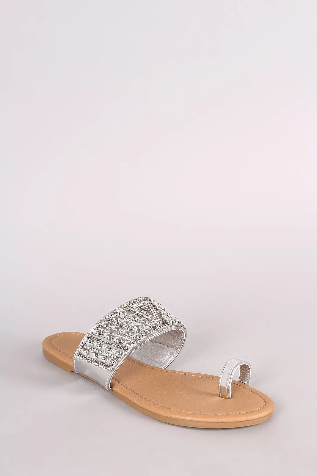 Qupid Metallic Rhinestone Accent Toe Ring Flat Sandal