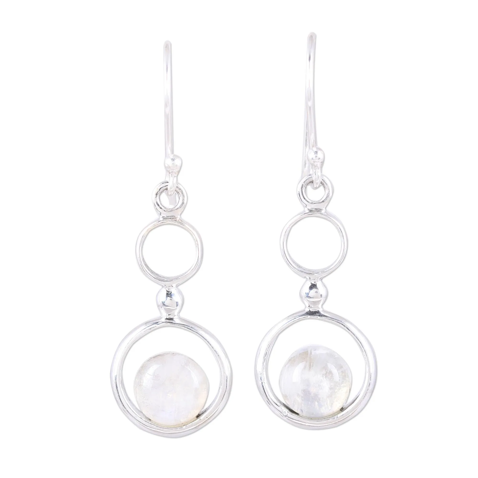 Rainbow Moonstone and Sterling Silver Circle Dangle Earrings - Dancing Moon | NOVICA