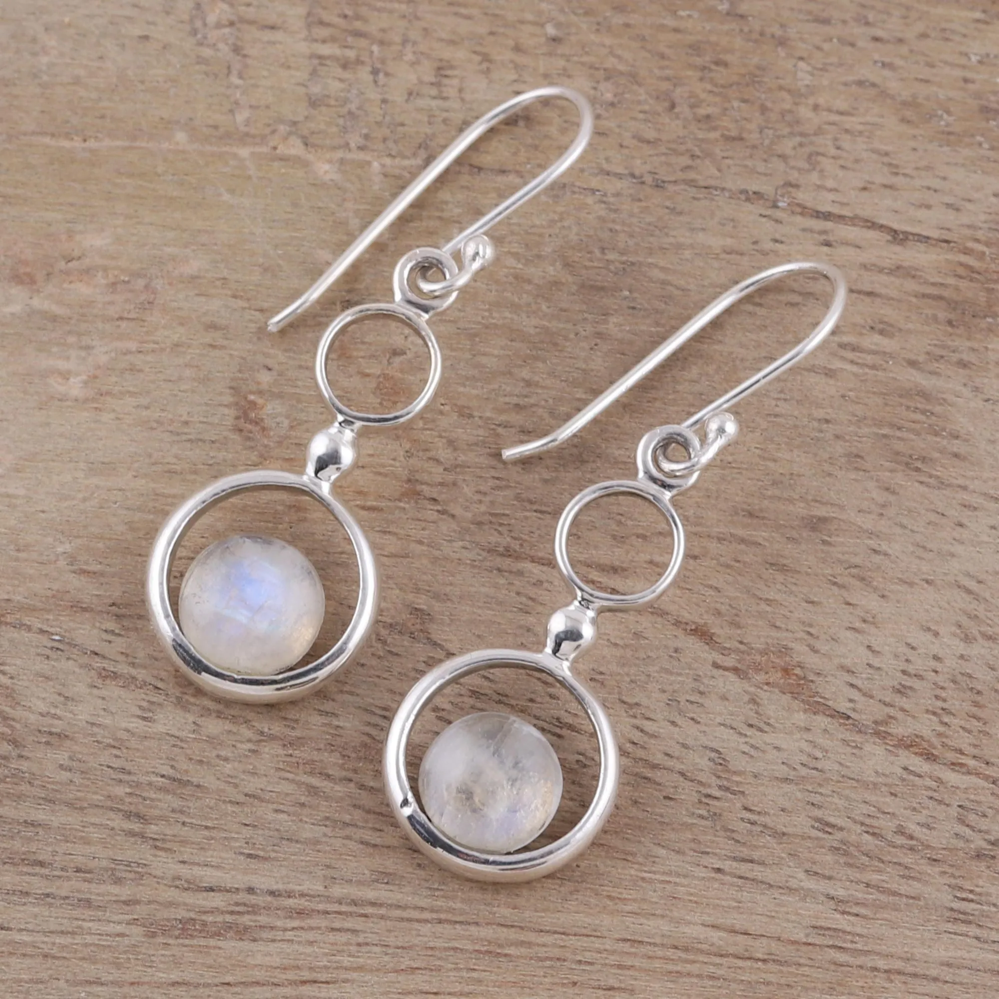 Rainbow Moonstone and Sterling Silver Circle Dangle Earrings - Dancing Moon | NOVICA