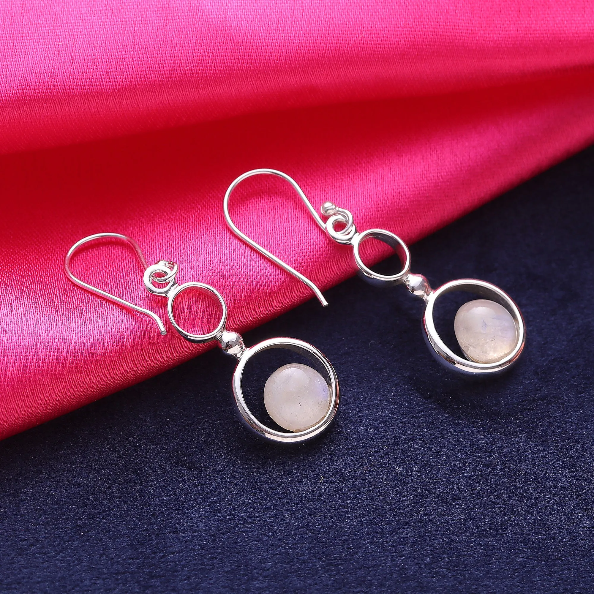 Rainbow Moonstone and Sterling Silver Circle Dangle Earrings - Dancing Moon | NOVICA