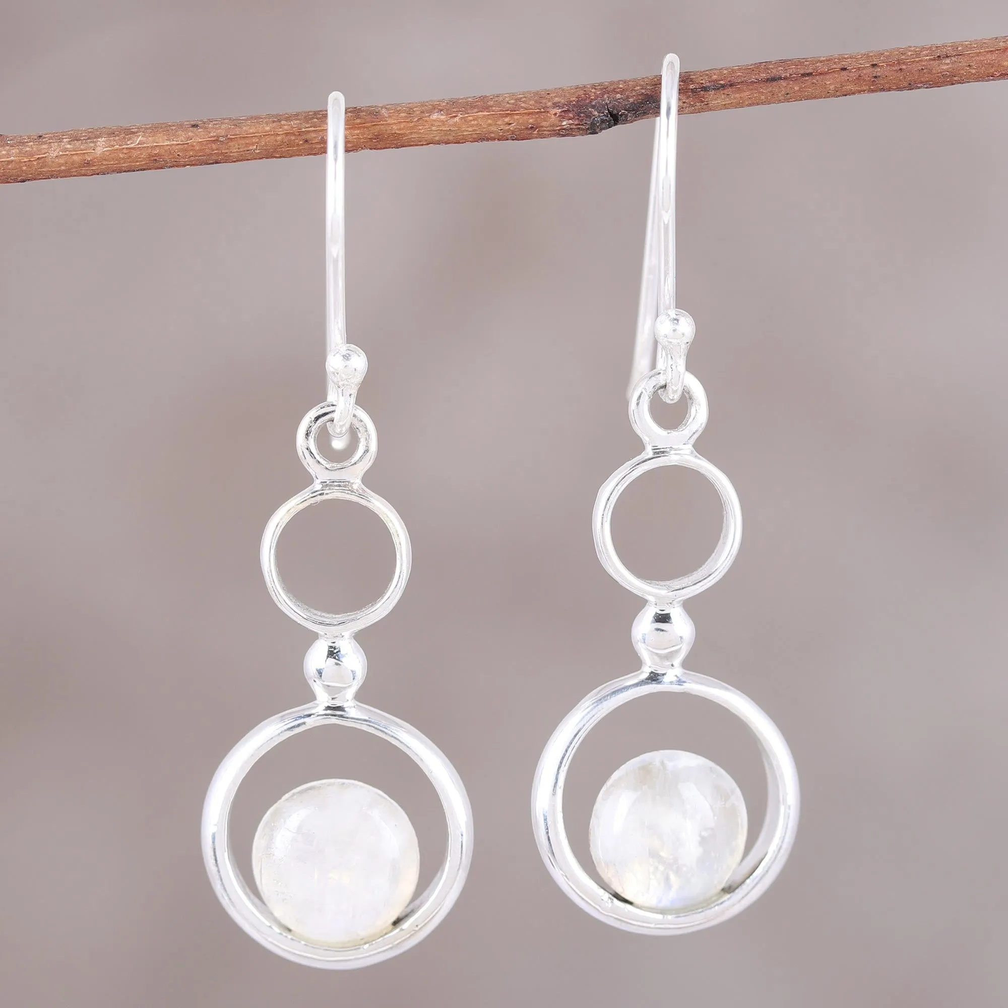 Rainbow Moonstone and Sterling Silver Circle Dangle Earrings - Dancing Moon | NOVICA