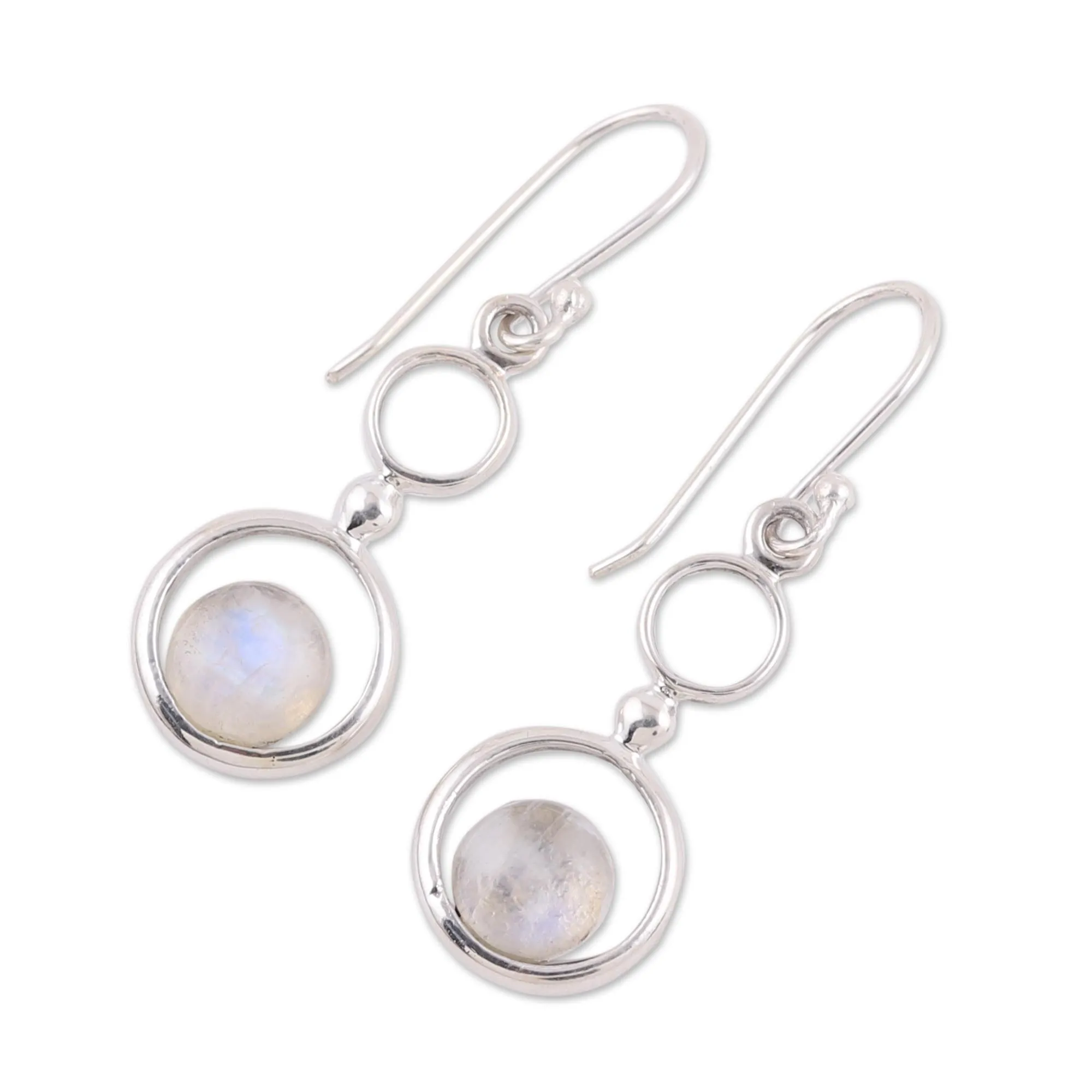 Rainbow Moonstone and Sterling Silver Circle Dangle Earrings - Dancing Moon | NOVICA