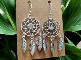 Rainbow Moonstone Crystal Dreamcatcher Earrings in Silver