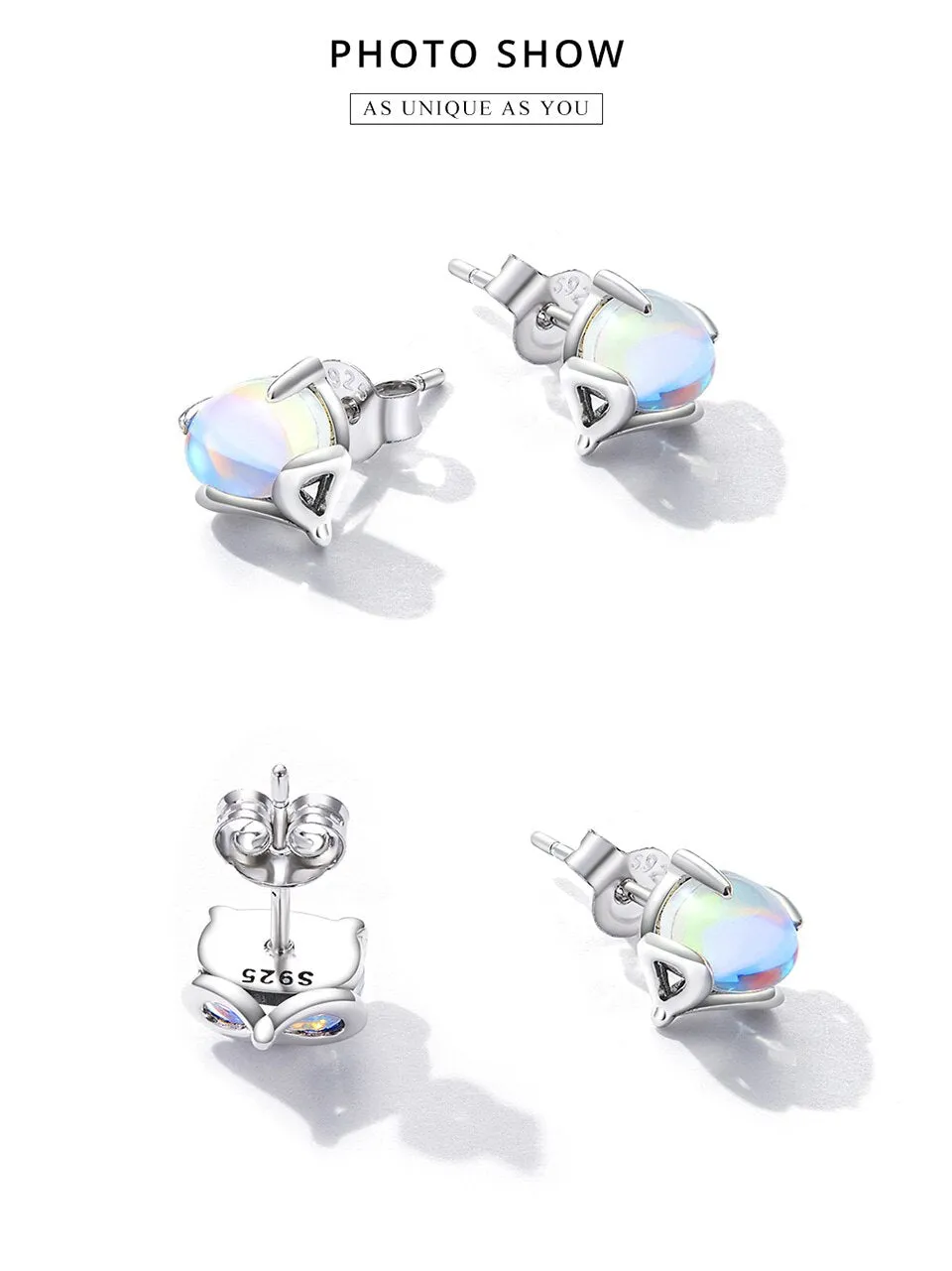 Rainbow Moonstone Cute Fox Stud Earrings