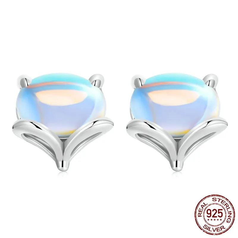 Rainbow Moonstone Cute Fox Stud Earrings