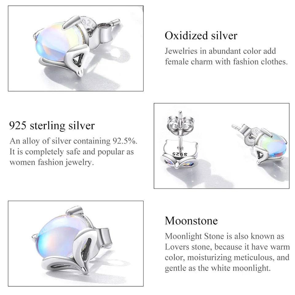 Rainbow Moonstone Cute Fox Stud Earrings