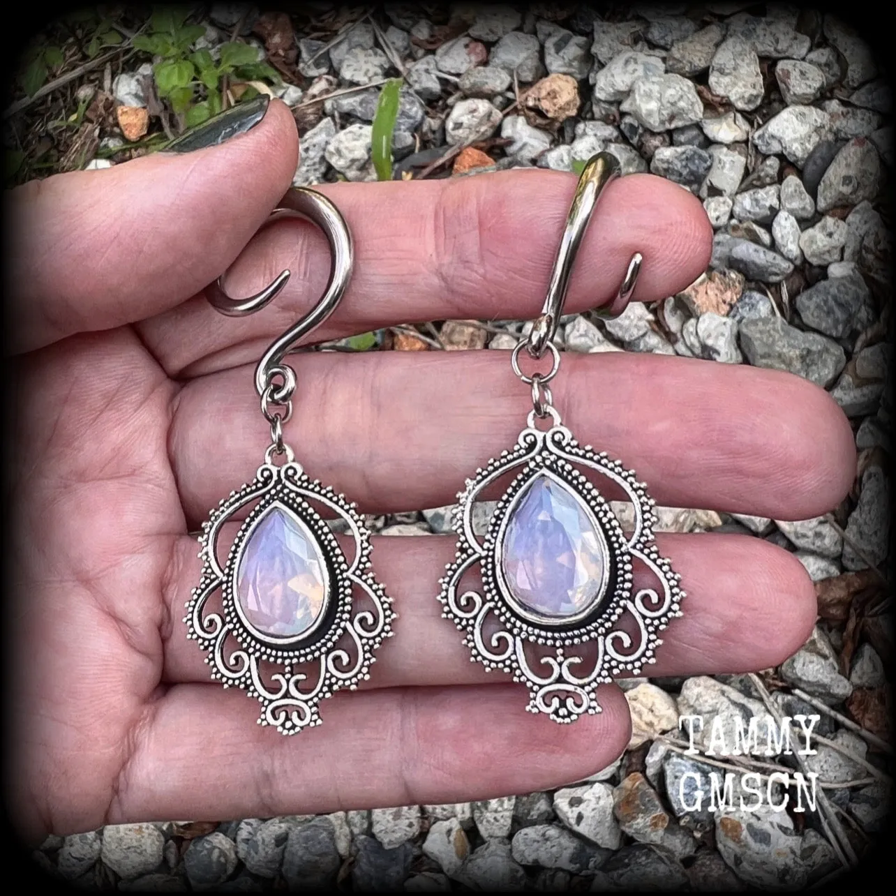 Rainbow moonstone gauged earrings-Boho body jewelry