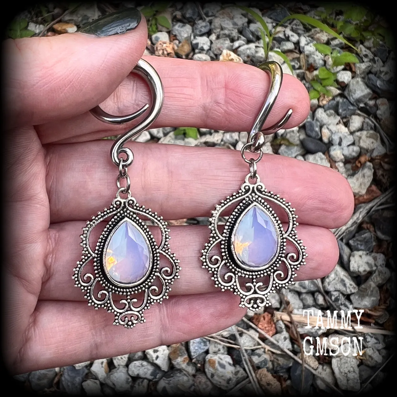 Rainbow moonstone gauged earrings-Boho body jewelry