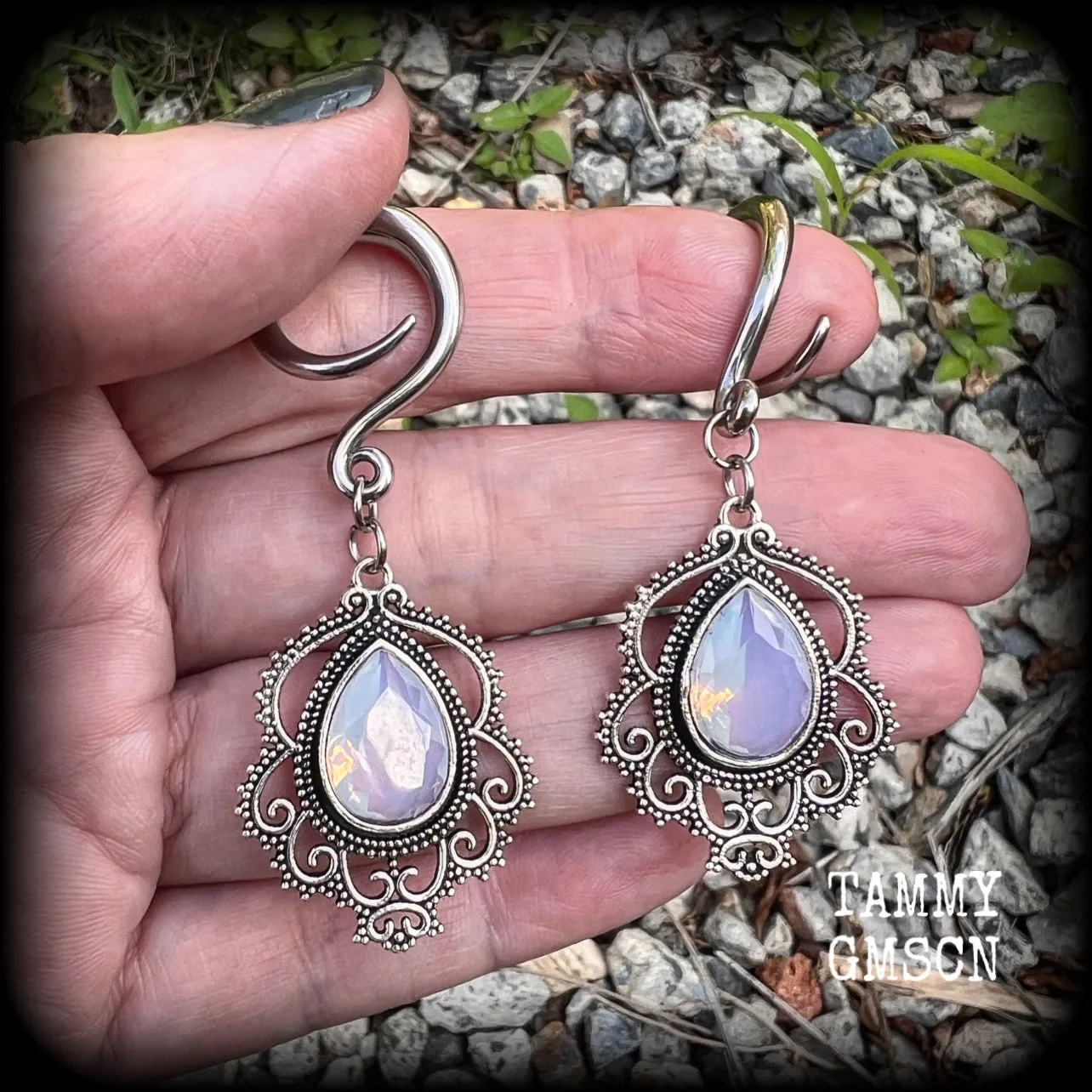 Rainbow moonstone gauged earrings-Boho body jewelry