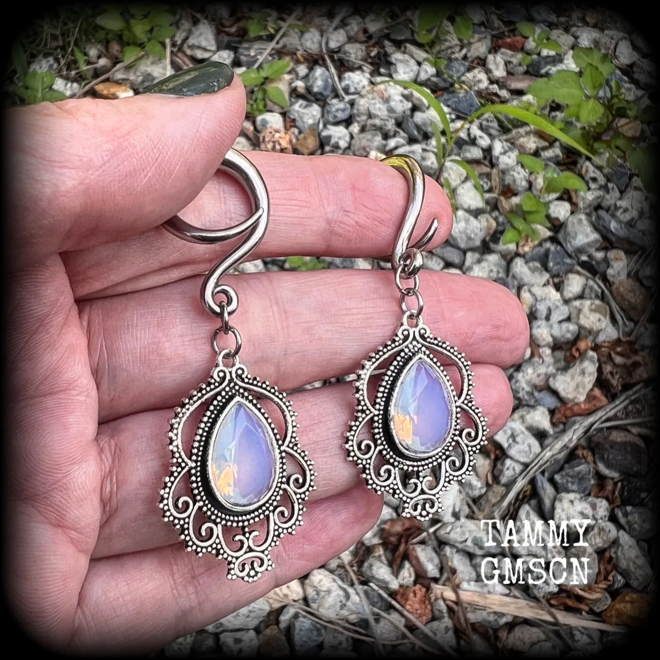 Rainbow moonstone gauged earrings-Boho body jewelry