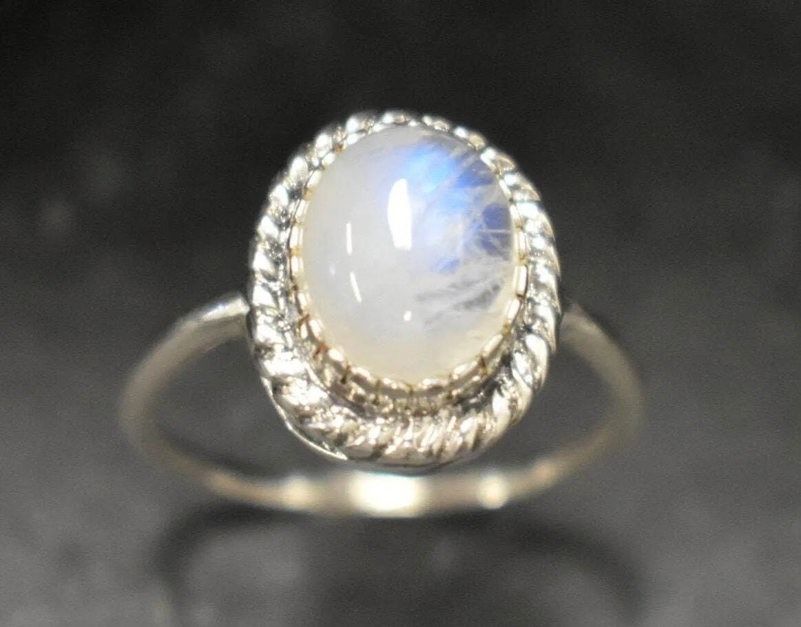 Rainbow Moonstone Ring - White Promise Ring - Vintage Oval Ring