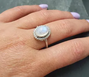 Rainbow Moonstone Ring - White Promise Ring - Vintage Oval Ring