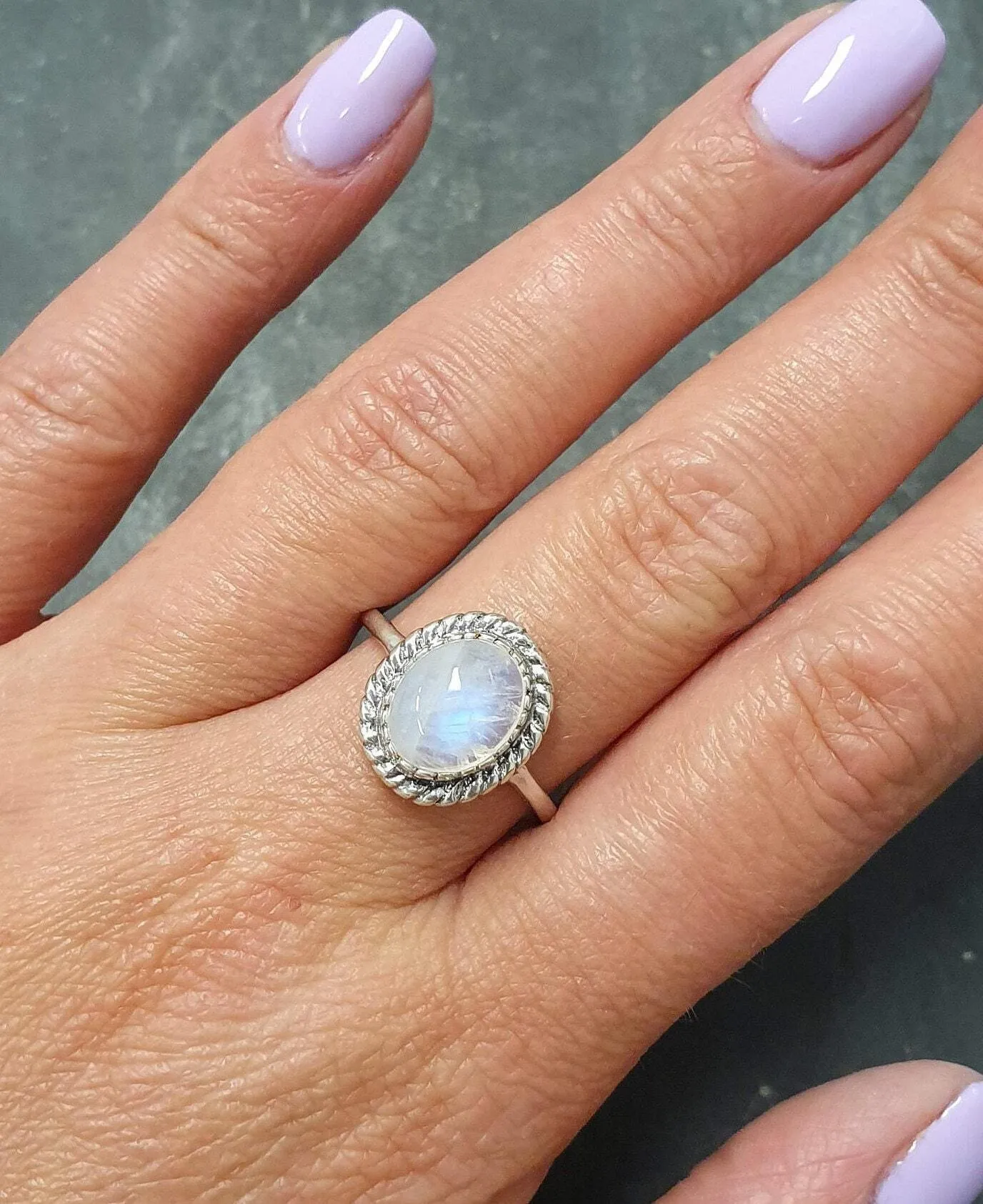 Rainbow Moonstone Ring - White Promise Ring - Vintage Oval Ring