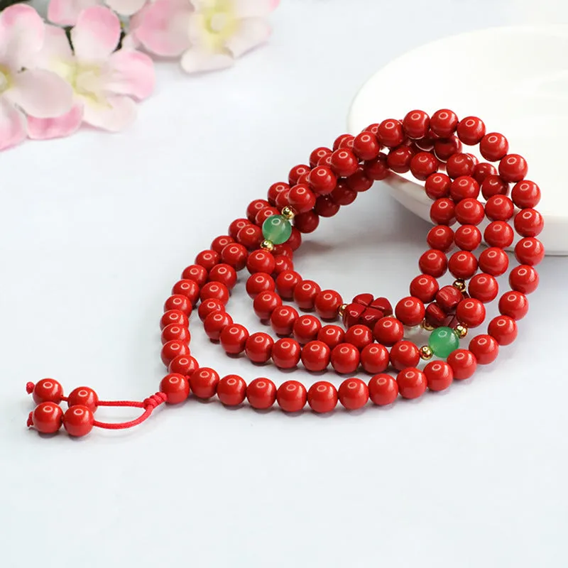 Red Cinnabar 108 Beads Bracelet with Four-leaf Clover Pearl Sweater Chain