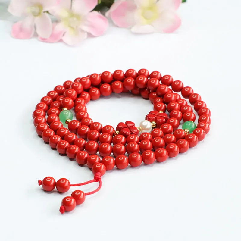 Red Cinnabar 108 Beads Bracelet with Four-leaf Clover Pearl Sweater Chain