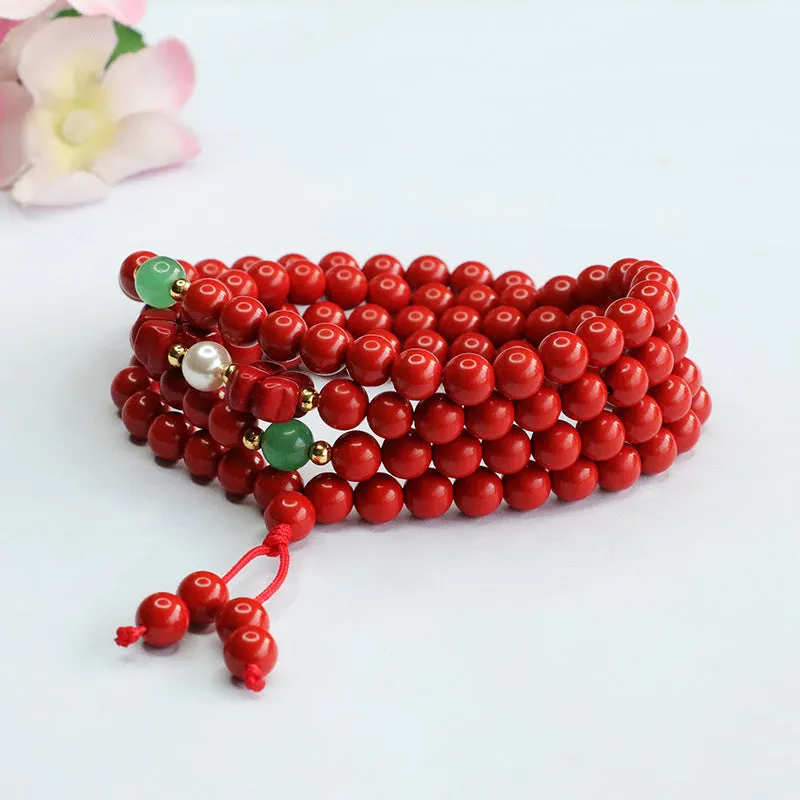 Red Cinnabar 108 Beads Bracelet with Four-leaf Clover Pearl Sweater Chain