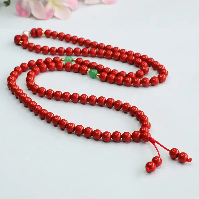 Red Cinnabar 108 Beads Bracelet with Four-leaf Clover Pearl Sweater Chain