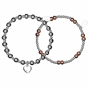 Rose Hearts Sterling Silver Stacking Bracelets - Set of 2