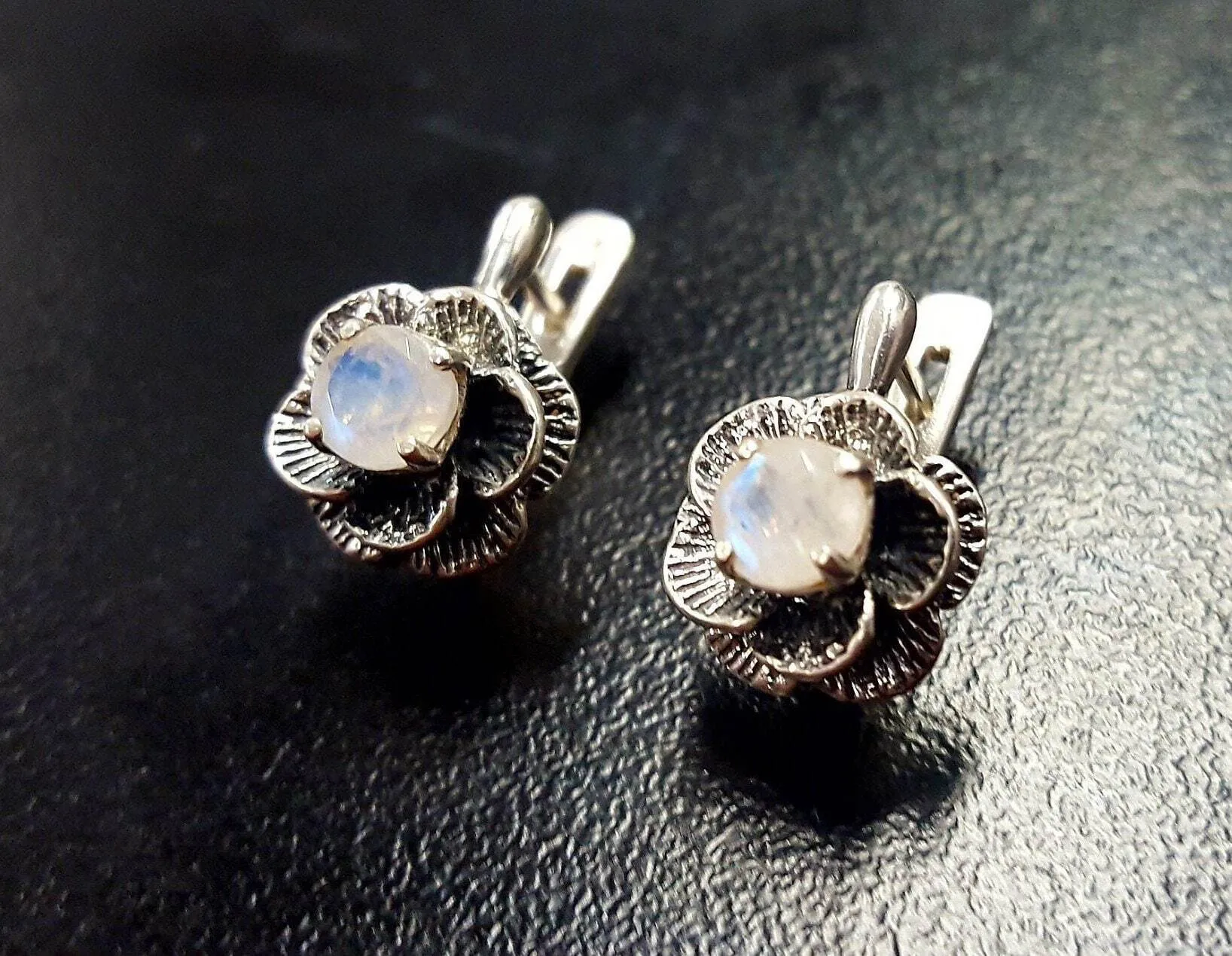 Rose Moonstone Earrings - Vintage Flower Earrings - Antique Drop Earrings