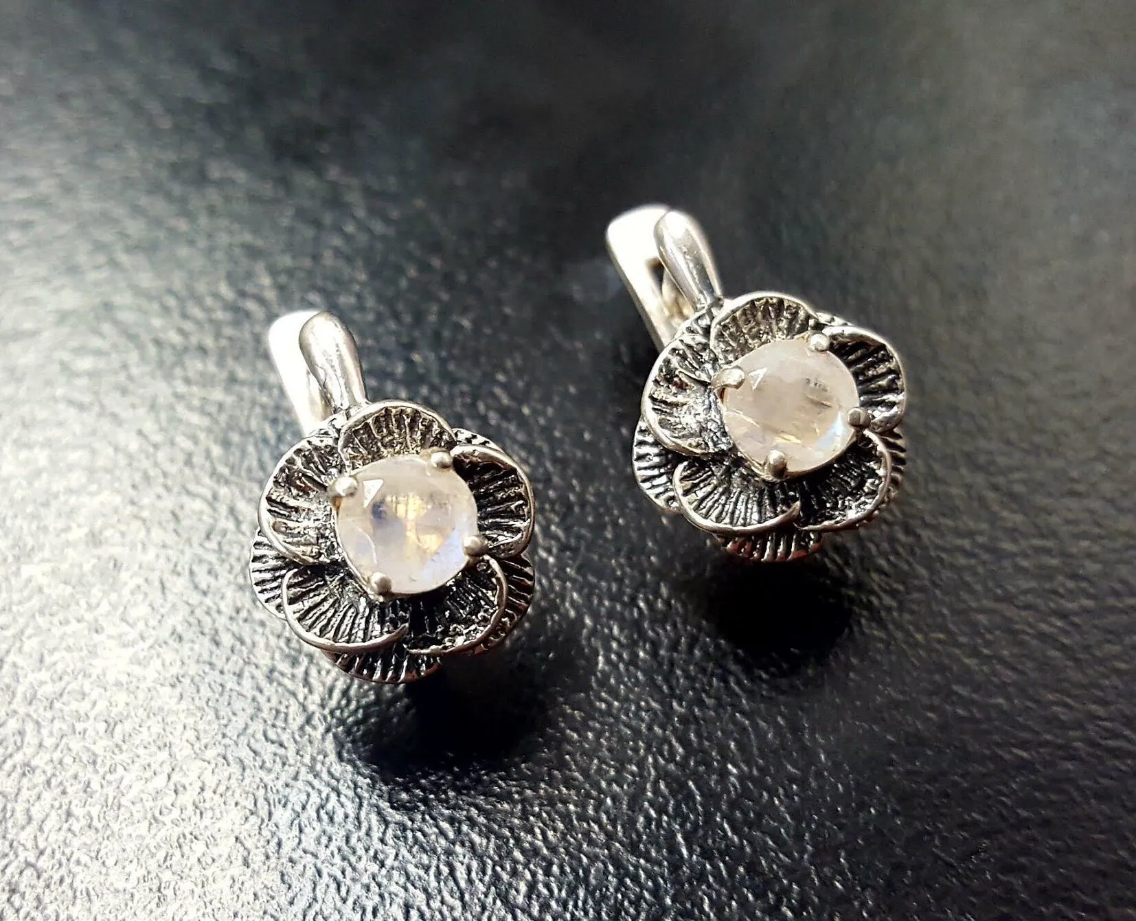 Rose Moonstone Earrings - Vintage Flower Earrings - Antique Drop Earrings