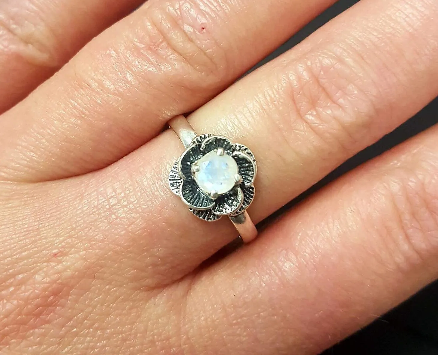 Rose Moonstone Ring - Solitaire Flower Ring - Vintage Flower Ring