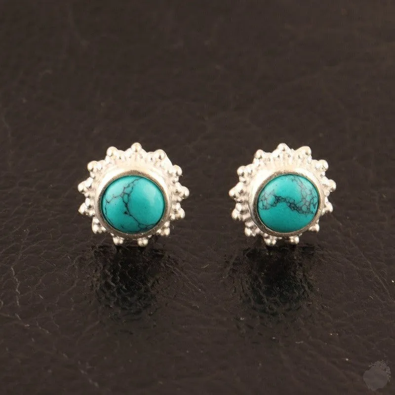 Round Turquoise and Moonstone Stud Earrings - Sterling Silver