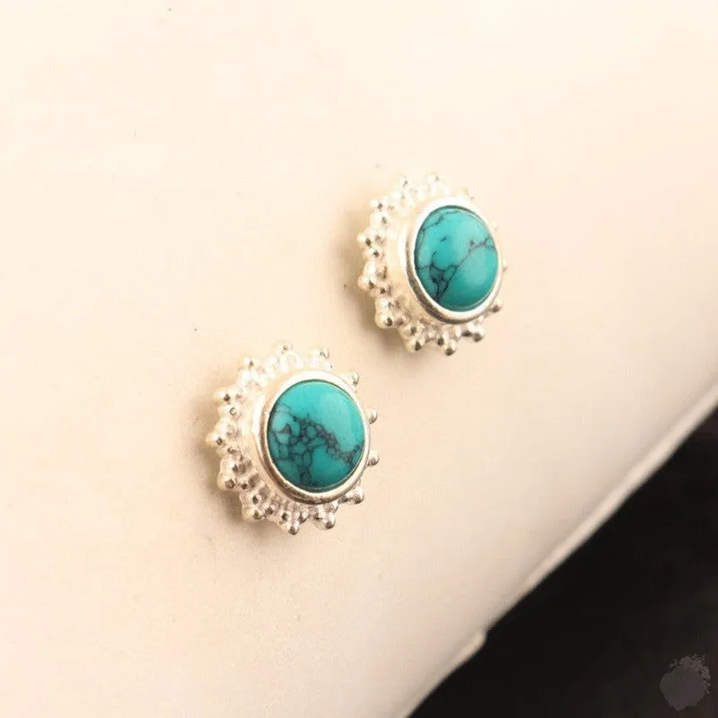 Round Turquoise and Moonstone Stud Earrings - Sterling Silver