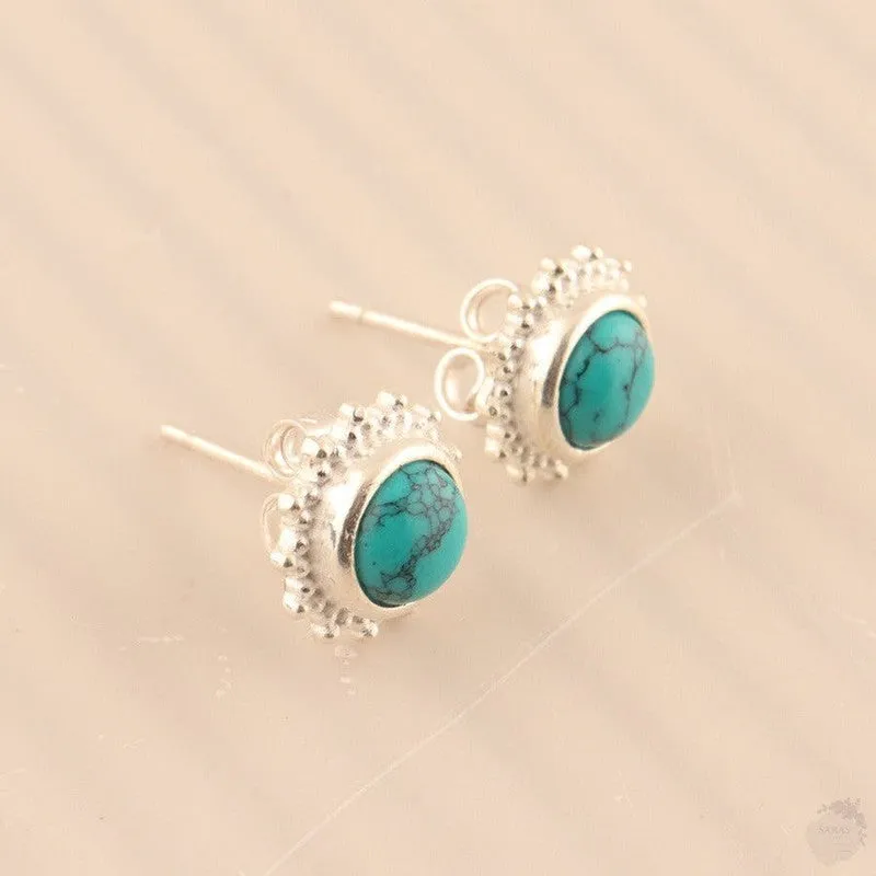 Round Turquoise and Moonstone Stud Earrings - Sterling Silver