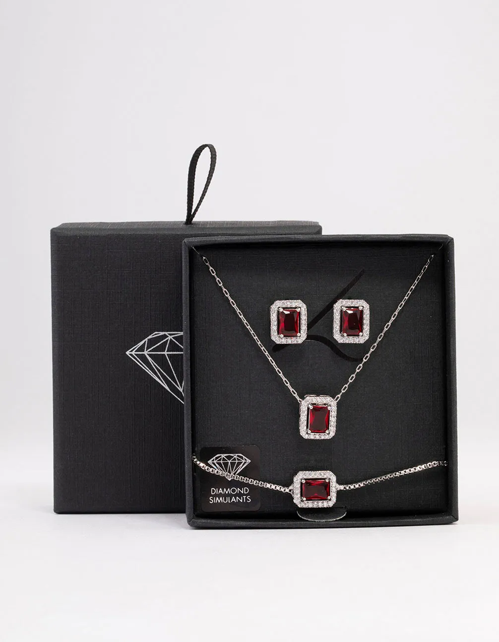 Silver Ruby Diamond Simulant Halo Jewellery Set