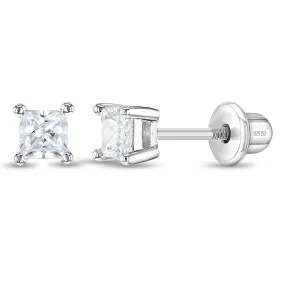 Simply Square CZ Solitaire Clear 3mm Baby / Toddler / Kids Earrings Screw Back - Sterling Silver