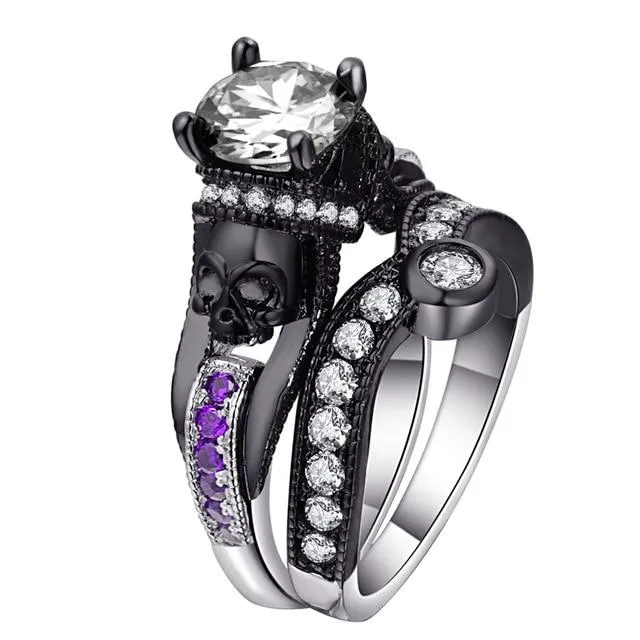 Skull Ring Set For Women Style Fashion Jewelry Charm Black Round Cubic Zirconia Set