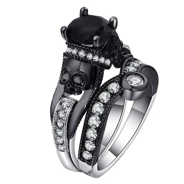 Skull Ring Set For Women Style Fashion Jewelry Charm Black Round Cubic Zirconia Set