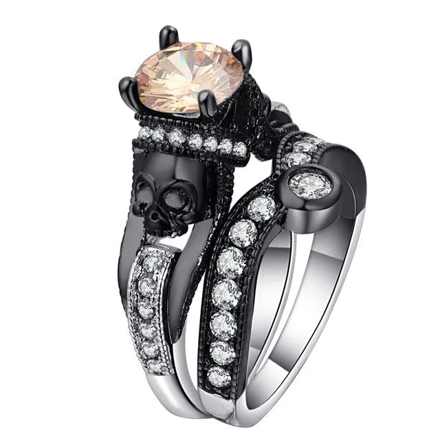 Skull Ring Set For Women Style Fashion Jewelry Charm Black Round Cubic Zirconia Set