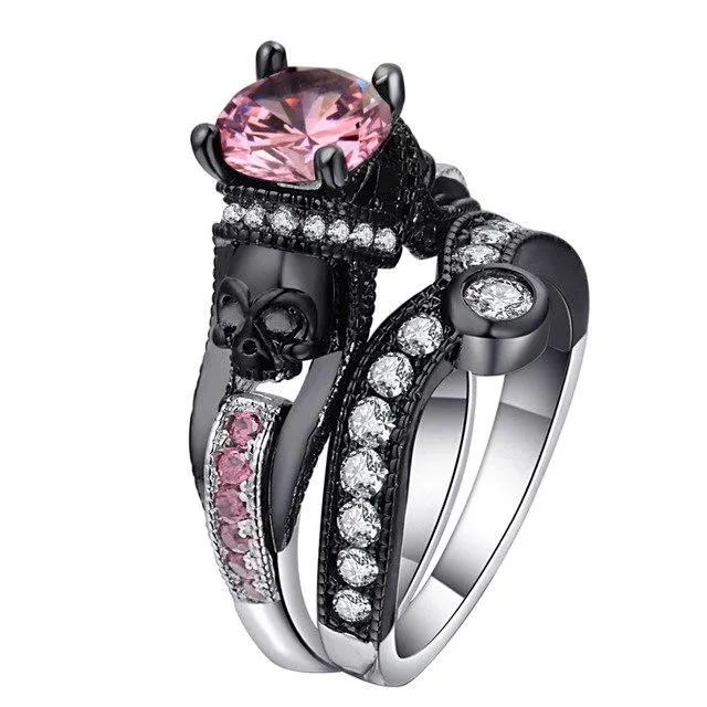 Skull Ring Set For Women Style Fashion Jewelry Charm Black Round Cubic Zirconia Set