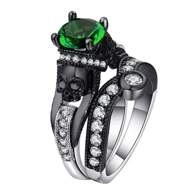 Skull Ring Set For Women Style Fashion Jewelry Charm Black Round Cubic Zirconia Set