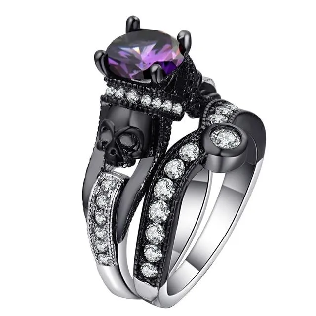 Skull Ring Set For Women Style Fashion Jewelry Charm Black Round Cubic Zirconia Set