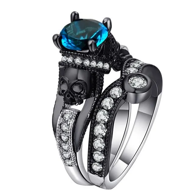 Skull Ring Set For Women Style Fashion Jewelry Charm Black Round Cubic Zirconia Set